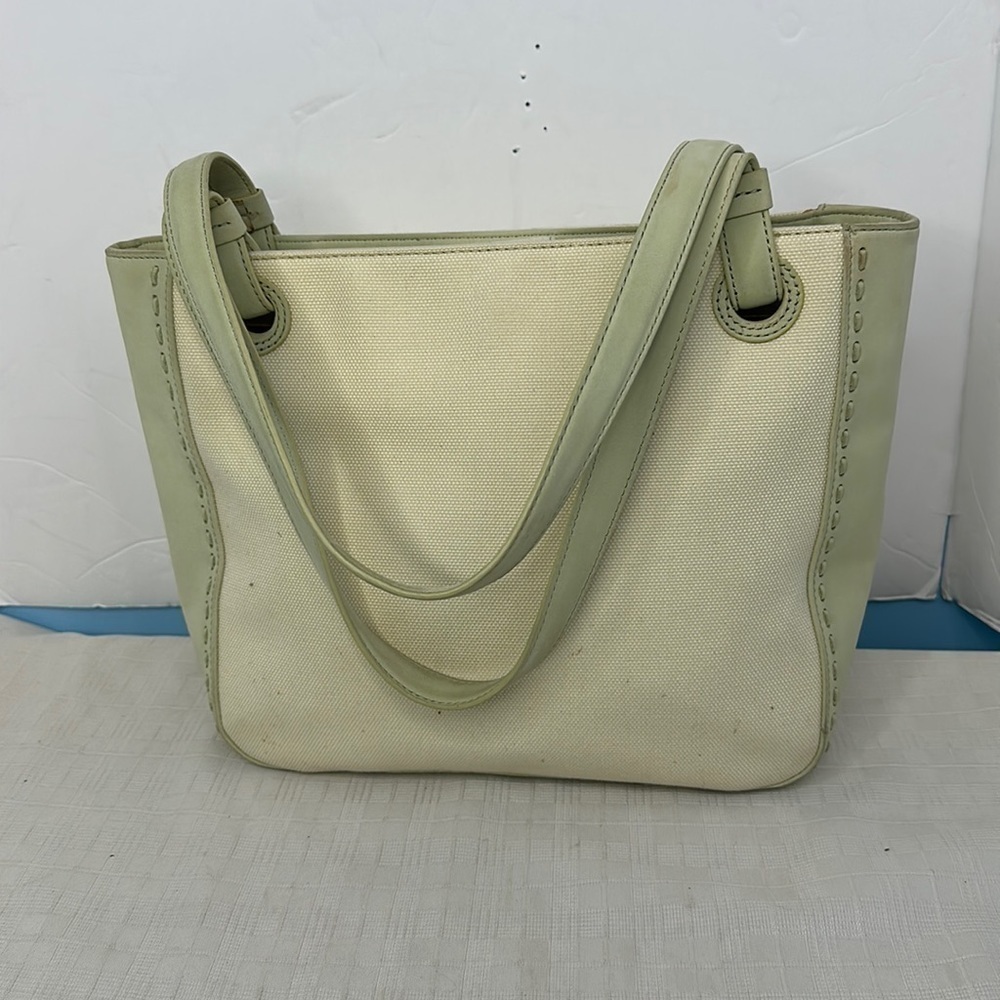 Vintage fossil tote in light green fabric and new buck leather